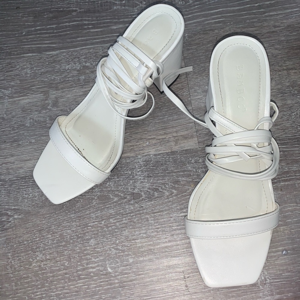 white tie up block heels